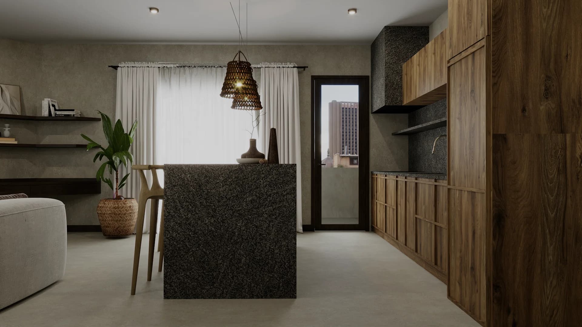 Granite island kitchen with woven pendant, dark wood cabinets, bar seat, and city skyline window.