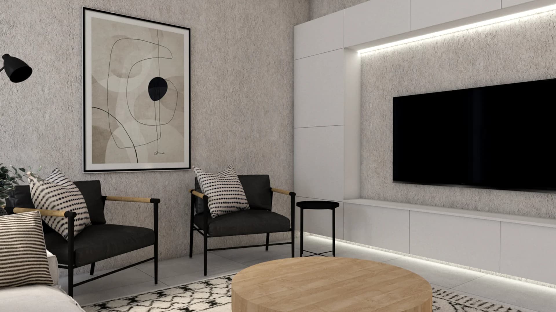 White floating media unit with LED backlighting, wall-mounted TV, black accent chairs, oak drum coffee table