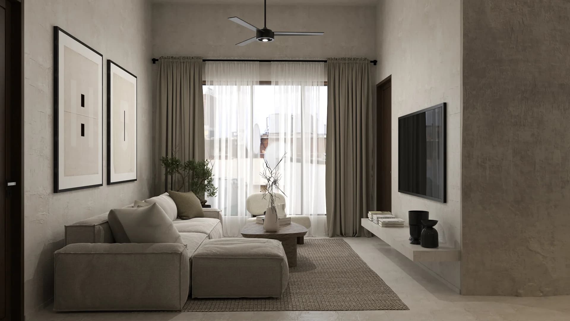 Second living room with sectional, wall TV, ceiling fan, sheer curtains, and city window.