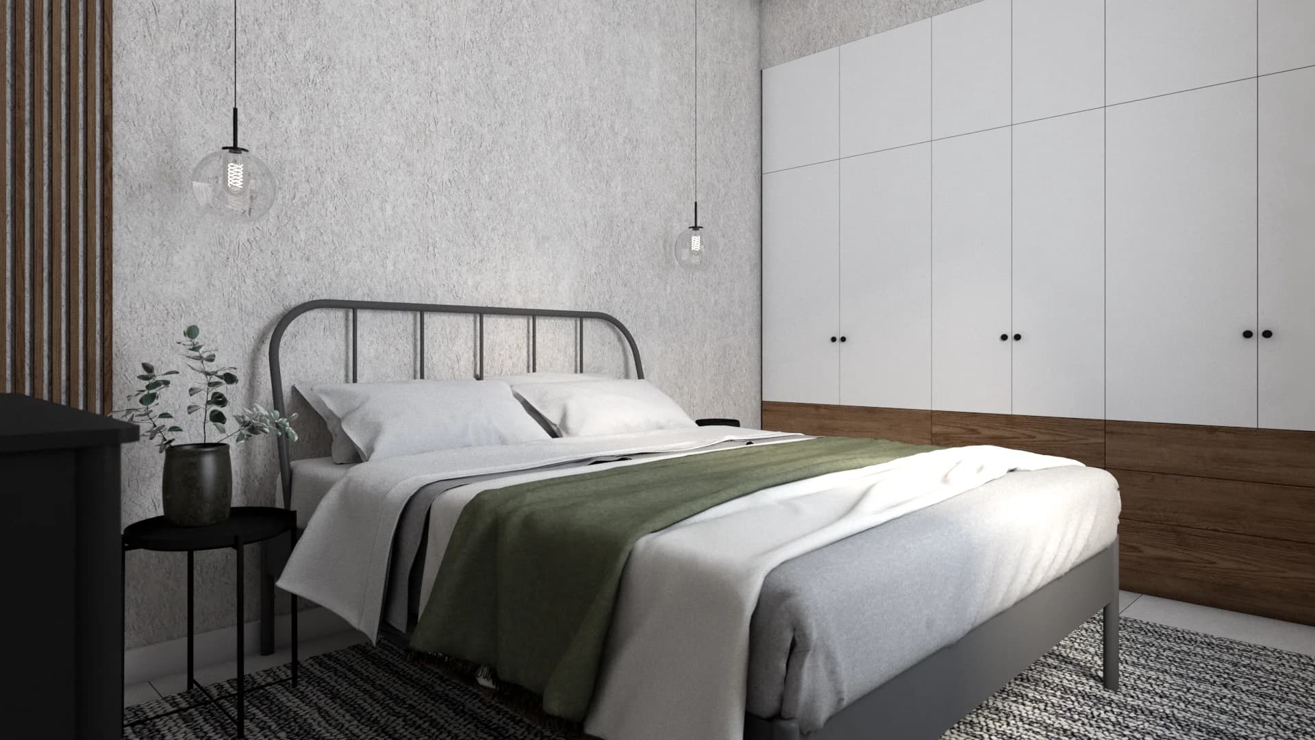 Second bedroom with metal frame bed, wood slat accent wall, and globe pendant lights