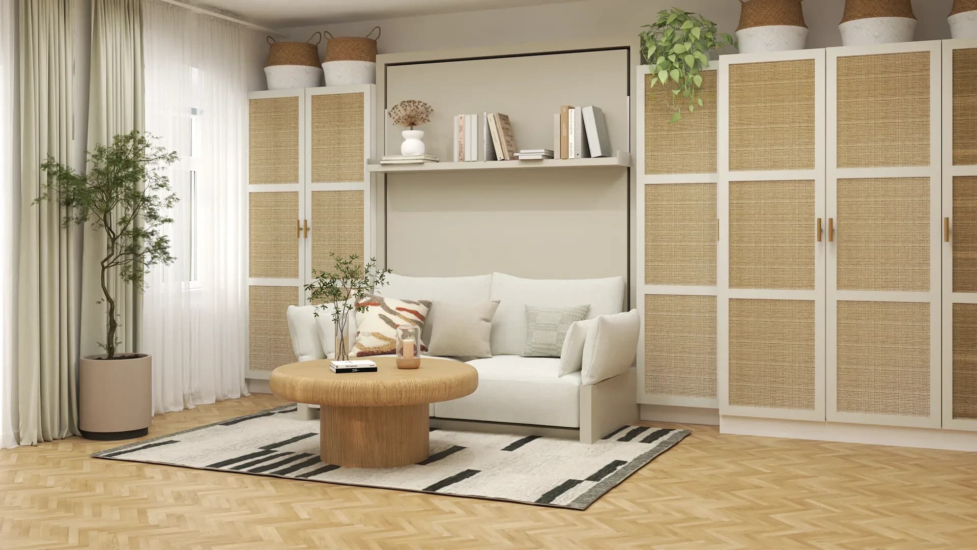 Murphy bed studio with rattan-panel wardrobes, white sofa, round oak drum coffee table, herringbone parquet floor, and olive tree plant. Design by Debora, an online interior design service.