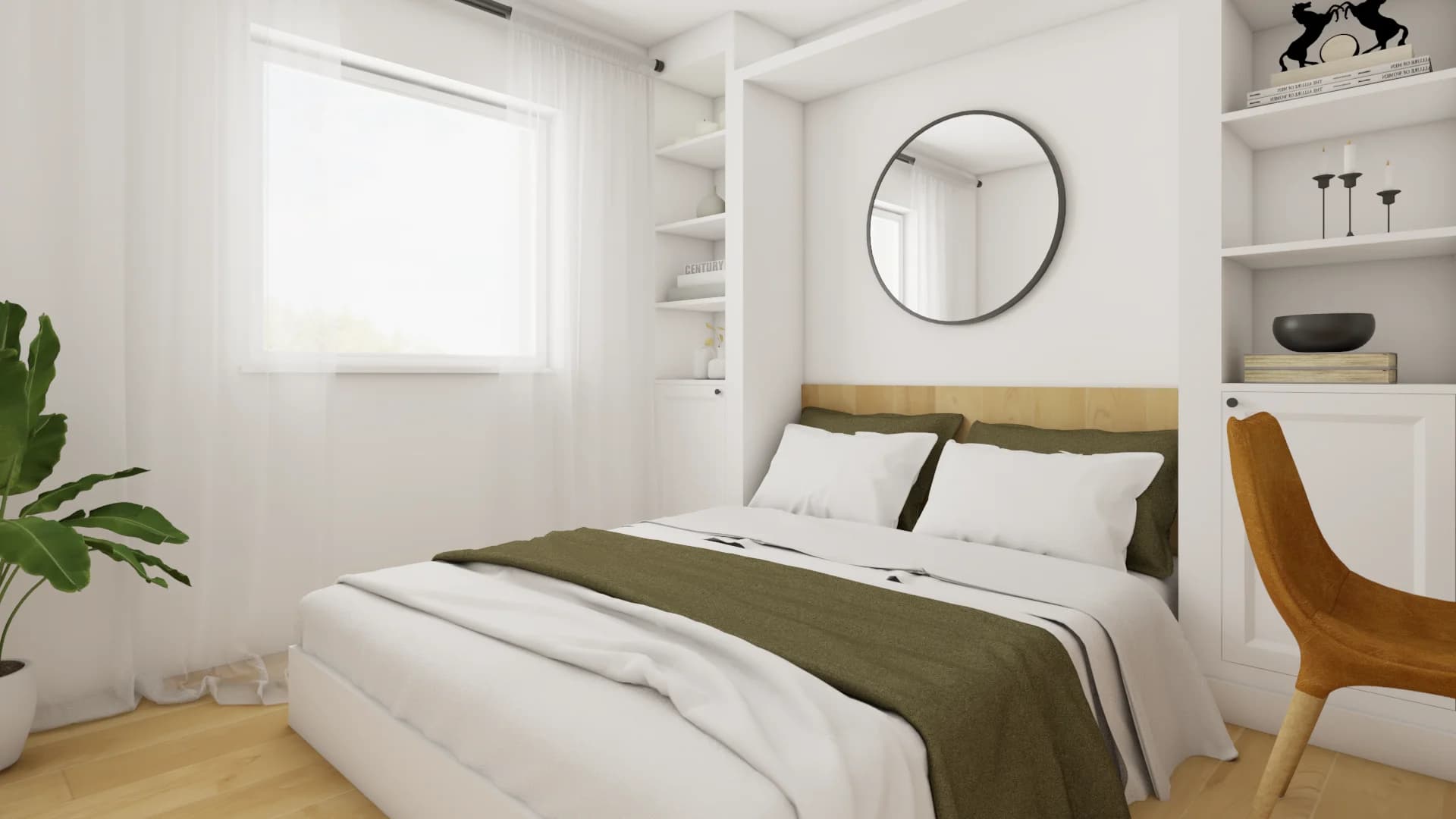 Murphy bed deployed in white Scandinavian studio with olive throw, blonde oak shelving, round mirror, and mustard chair