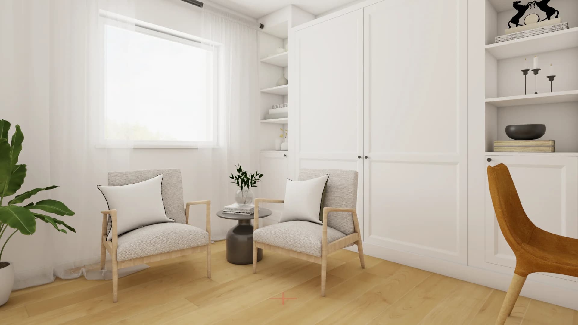 Murphy bed folded up revealing lounge area with linen armchairs, wood frames, and round black side table