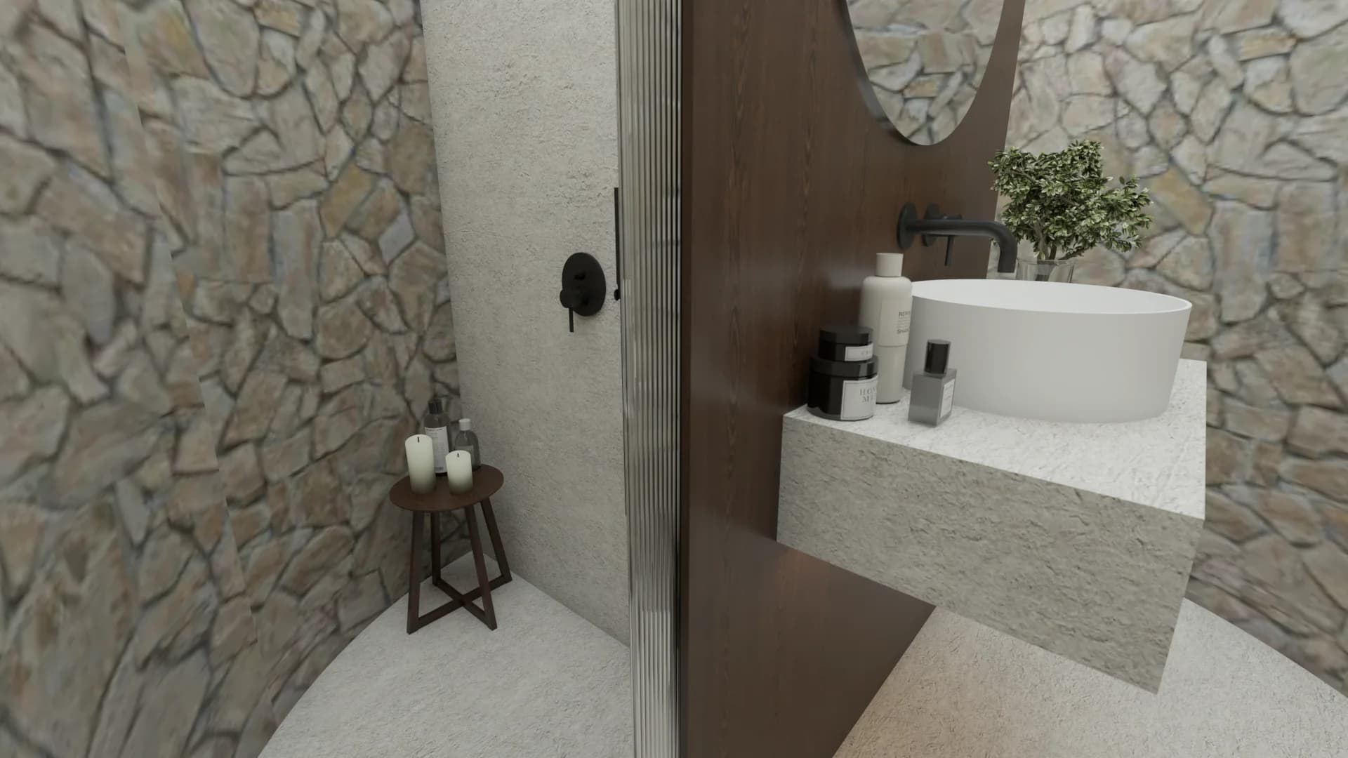 Natural stone bathroom with corrugated glass shower, walnut panel, and vessel sink on stool