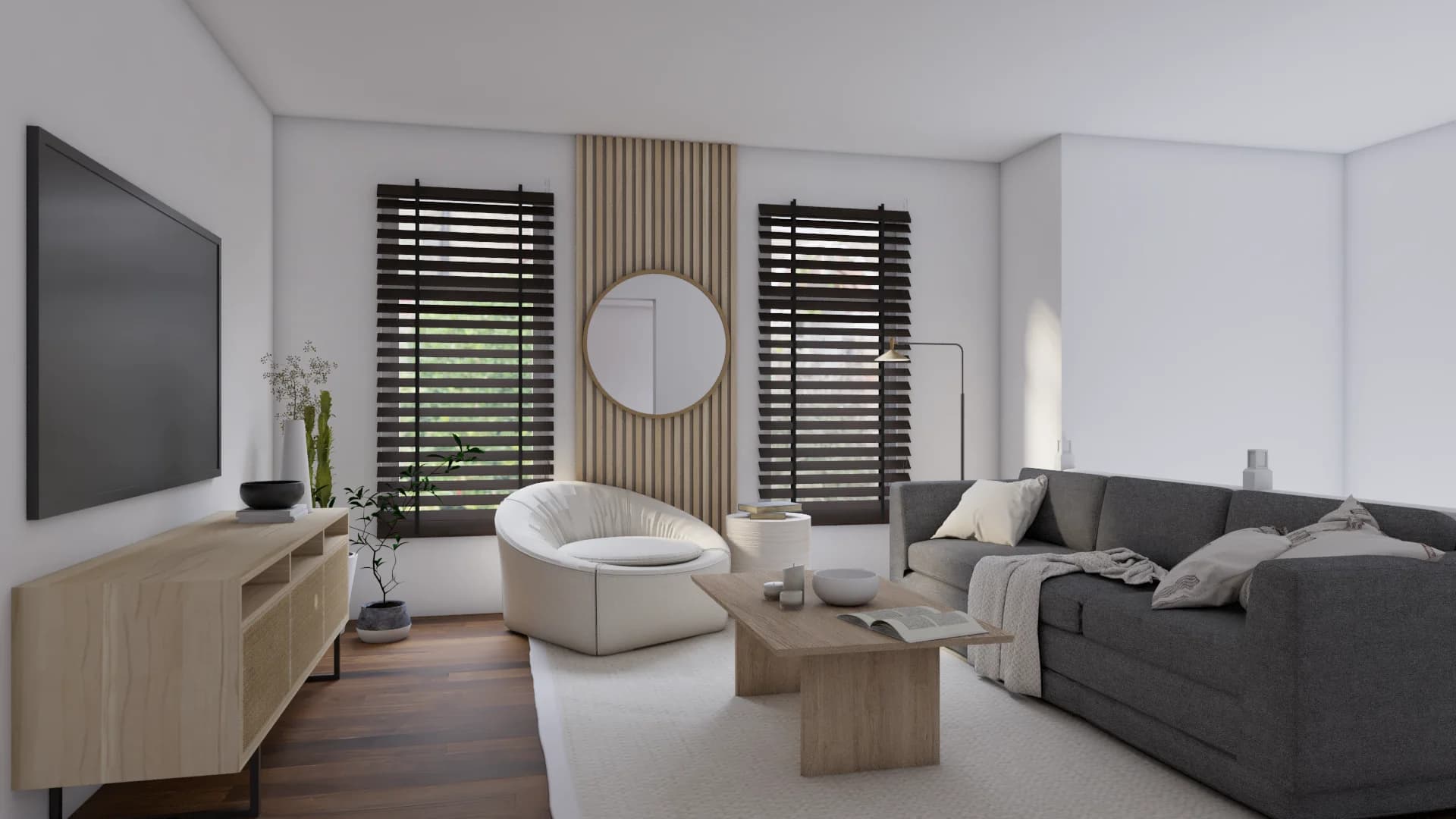 Airbnb living room with dark venetian blinds, white barrel chair, gray sofa, and oak TV console
