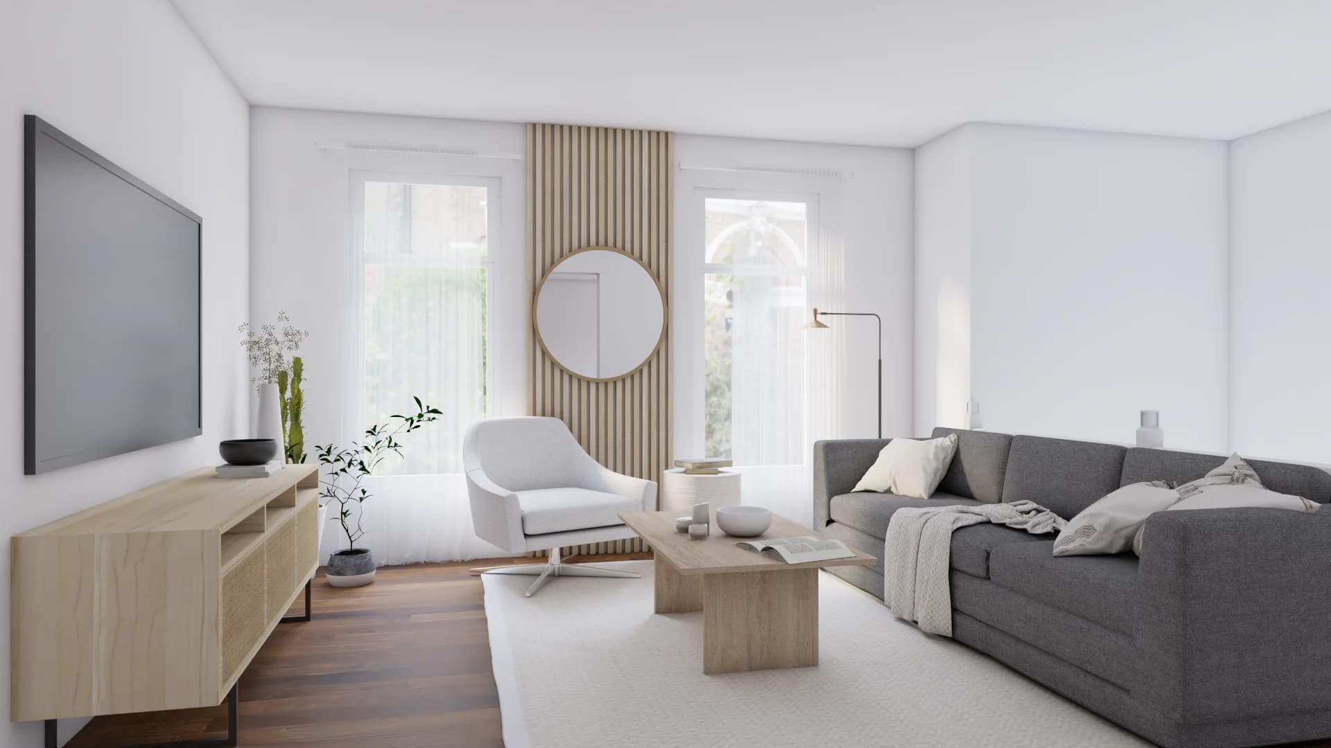 Scandinavian Airbnb living room with gray sectional sofa, vertical oak slat accent wall, round mirror, and sheer white curtains