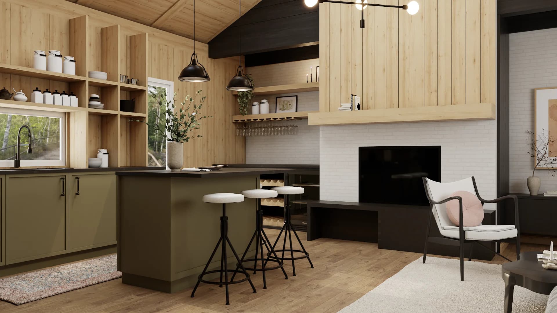 Kitchen with olive green island, white bar stools, brick fireplace wall, and open shelving