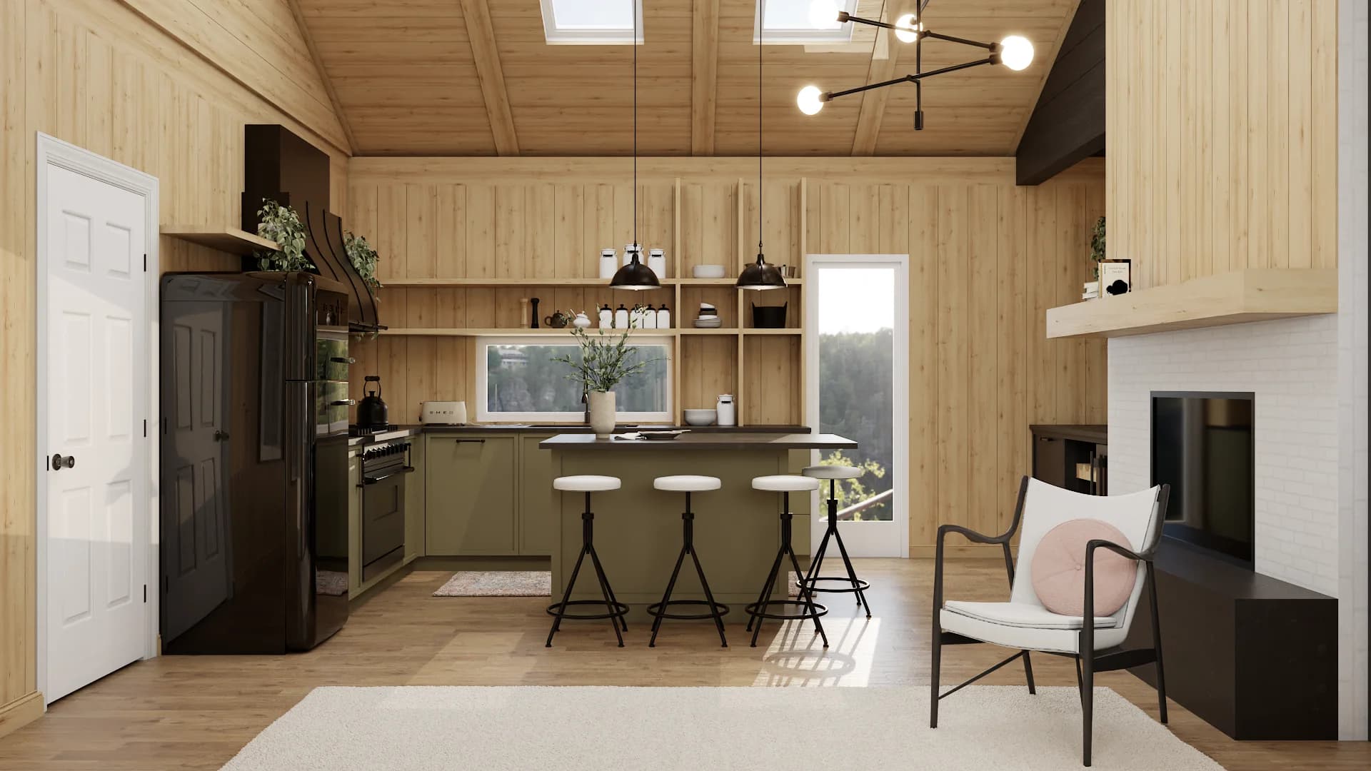Kitchen with olive green island, bar stools, black range, open wood shelving, and dual skylights