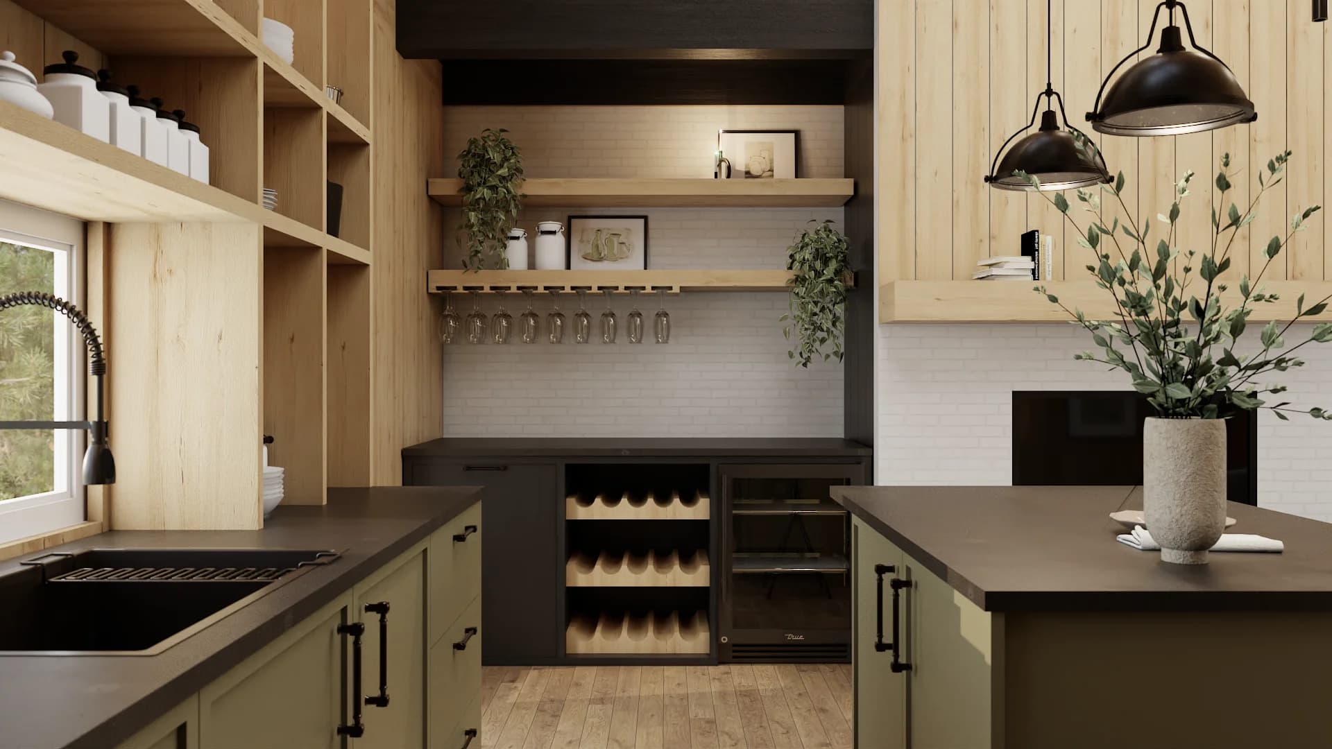 Olive green cabinets with wine cooler, wooden rack, dark countertops, and subway tile