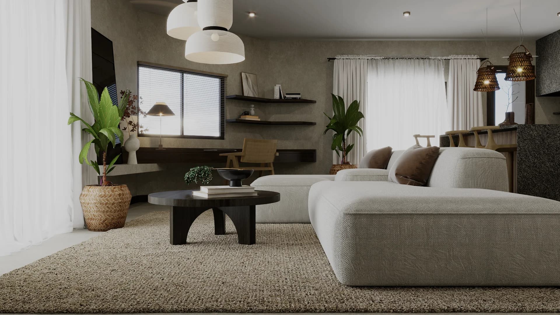 Organic modern Airbnb living room with white sectional, floating shelves, woven pendants, jute rug, and indoor plant.