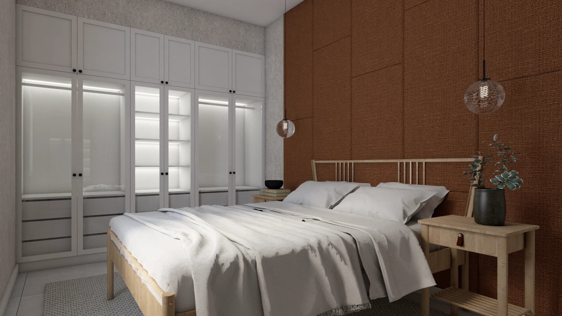 Primary bedroom with terracotta accent wall, oak bed frame, glass pendants, and built-in white wardrobes