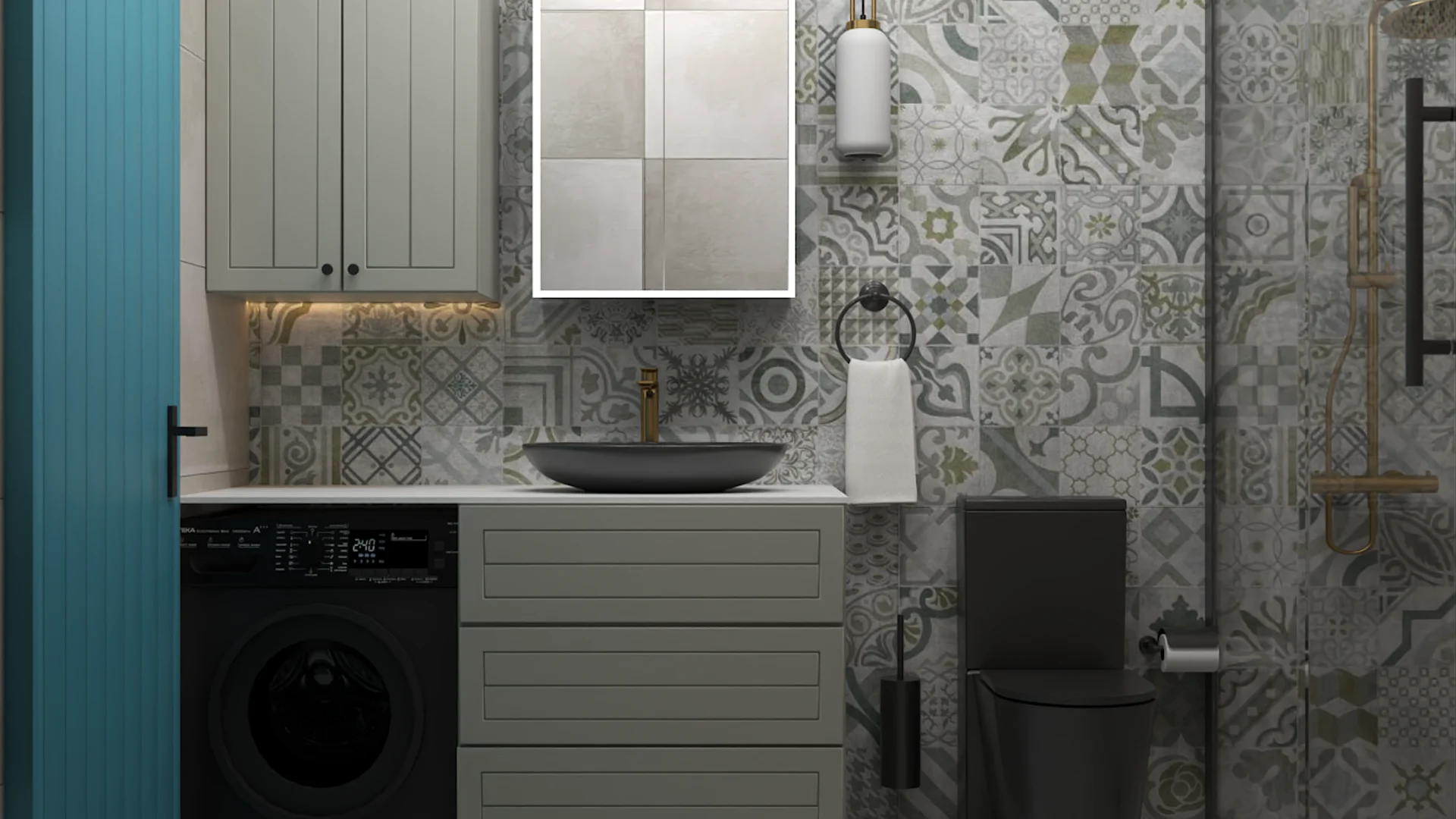 Coastal bathroom with patchwork cement tile walls, sage green vanity, black vessel sink, and brass faucet