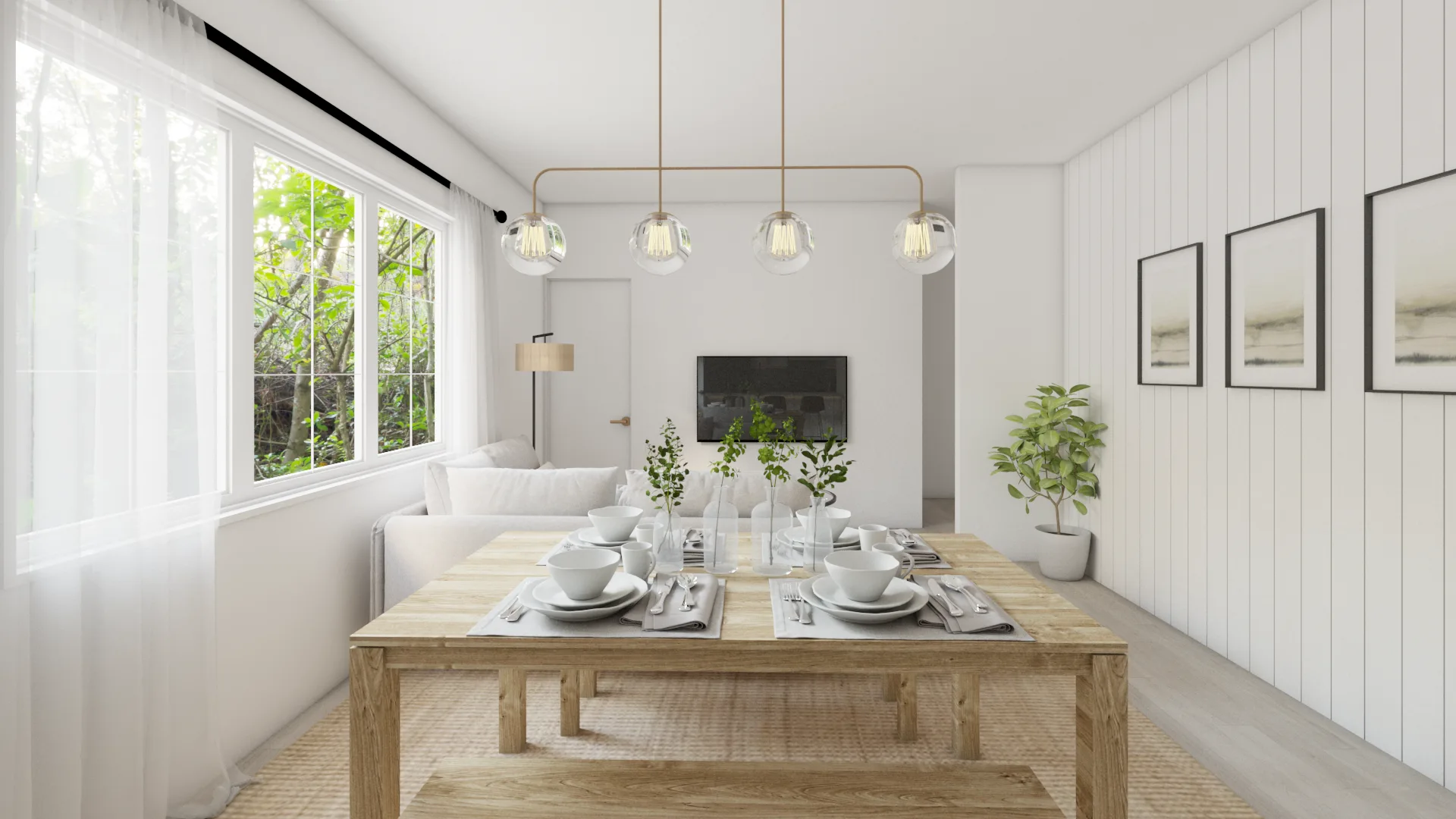 Pine farmhouse dining table set for dinner with globe chandelier and garden window