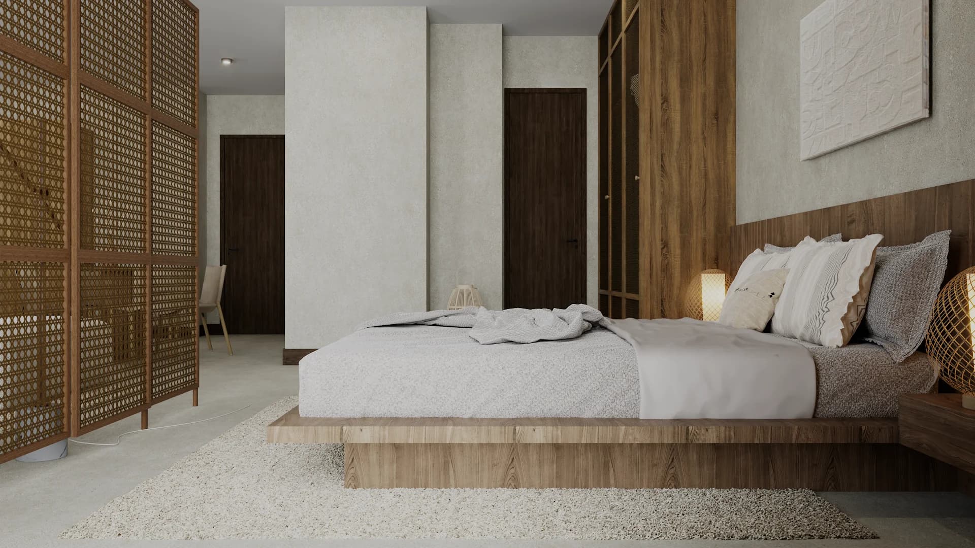 Bedroom alternate angle with cane screens, walnut platform bed, slat headboard accent, and rug.