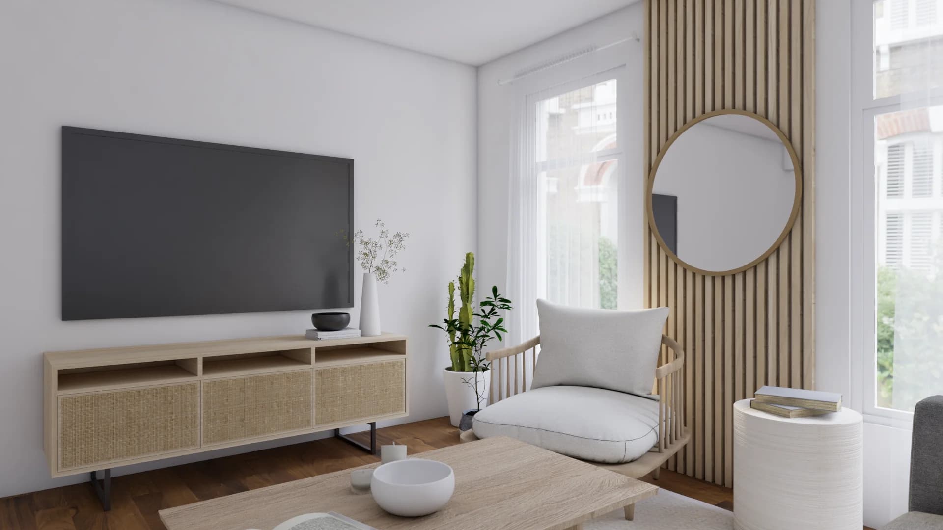 TV wall with rattan-door media console, oak slat panel, white lounge chair and round mirror