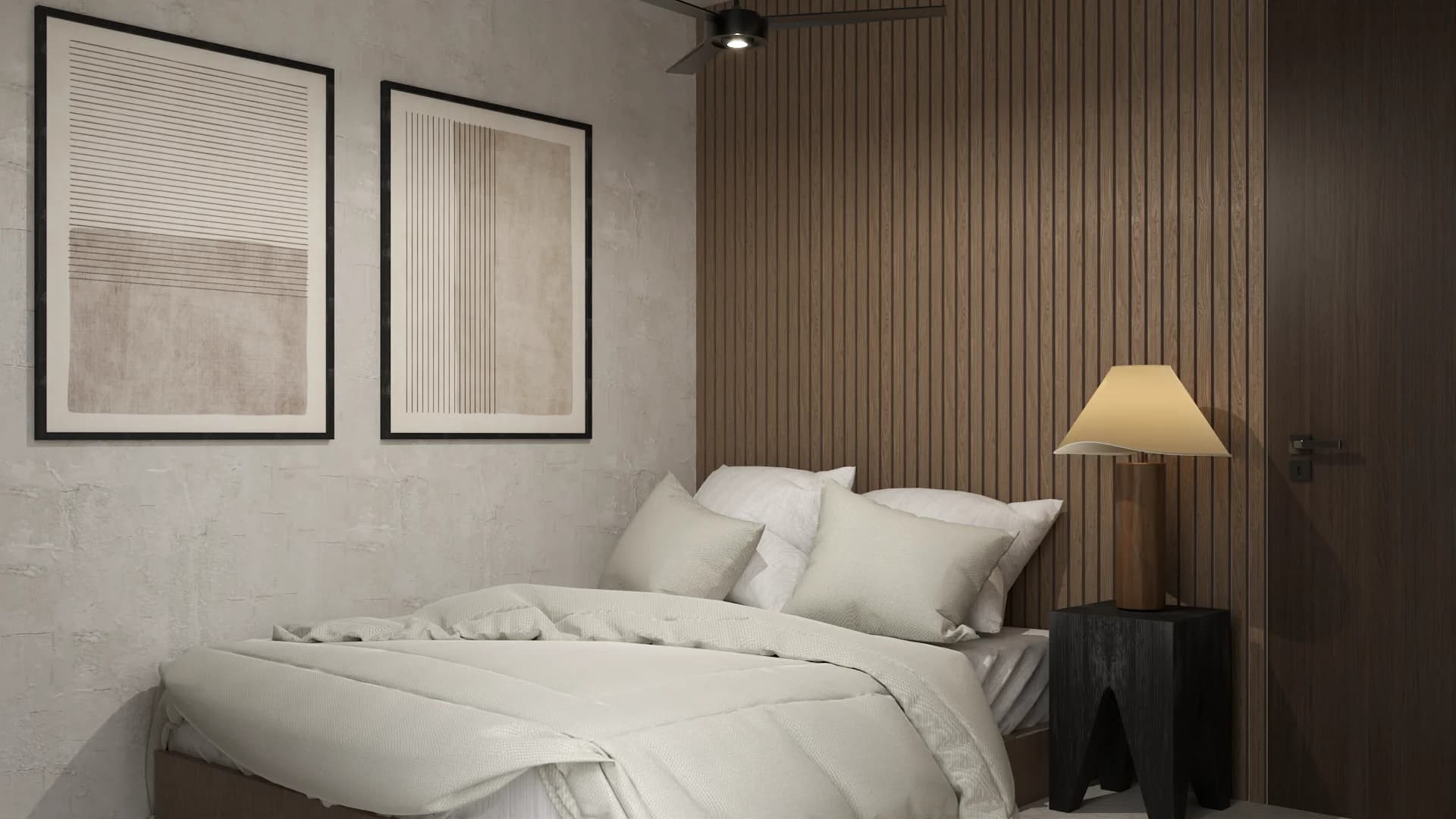 Bedroom angle showing wood slat headboard wall, table lamp, dark nightstand, and white linens.