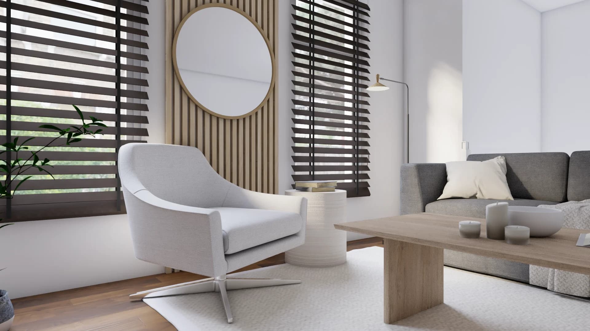 White swivel chair beside oak slat wall panel with round mirror and dark venetian blinds