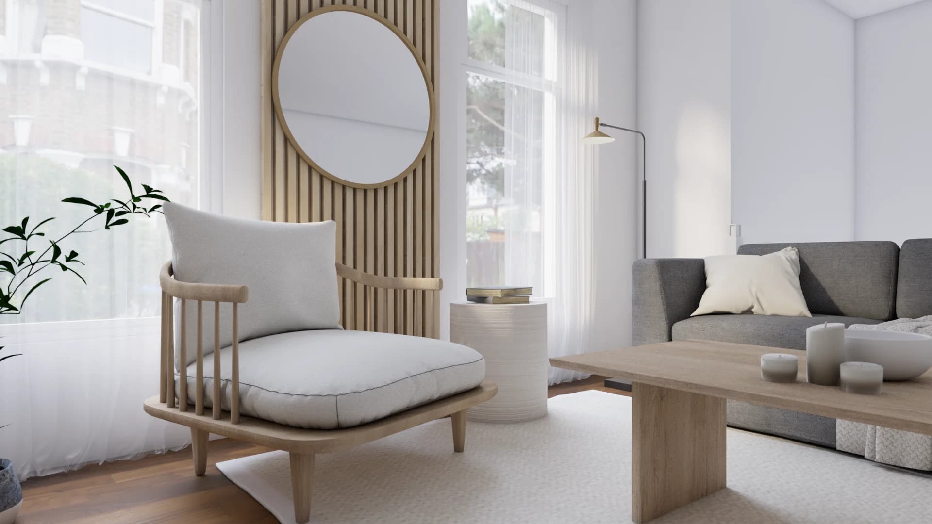 Oak spindle lounge chair beside white ceramic side table and oak slat wall with round mirror