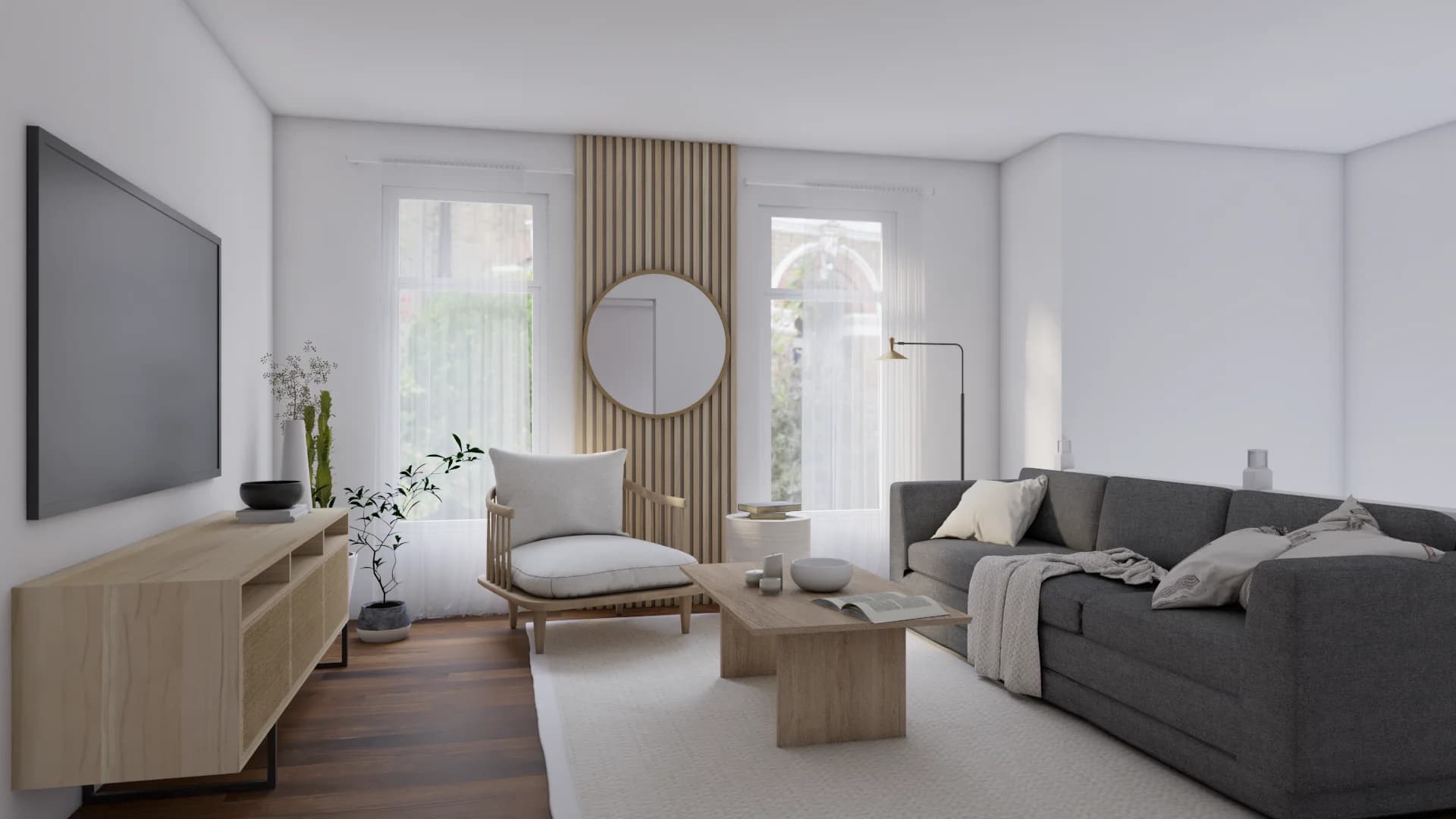 Wide view with oak spindle lounge chair, gray sectional, oak media console, and sheer curtains