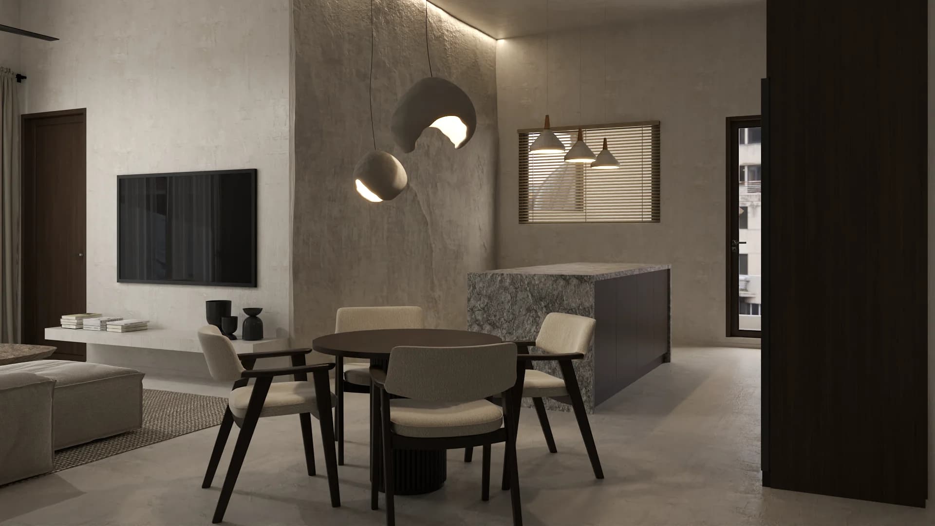 Dining nook with stone feature wall, sphere pendants, dark round table, and beige chairs.