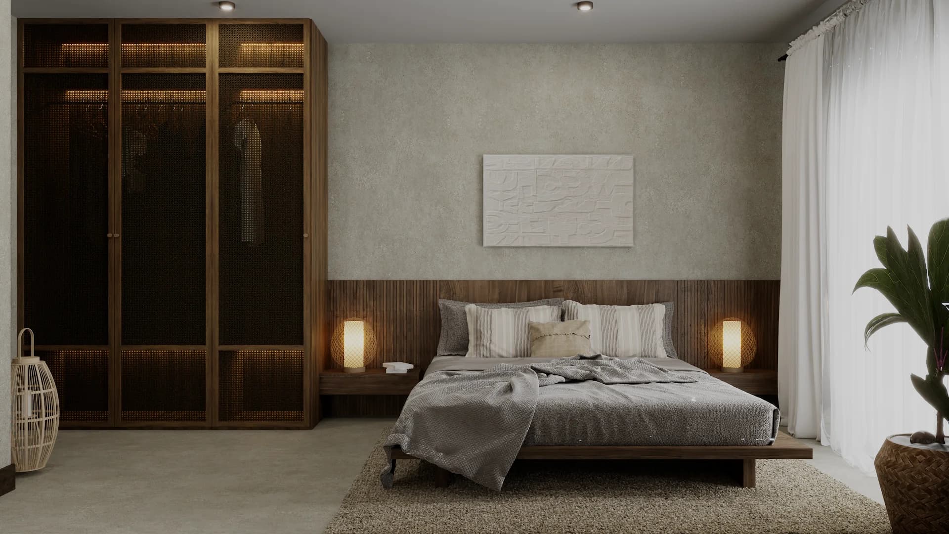 Second bedroom with tall walnut wardrobe, slat headboard, wood platform bed, and indoor plant.