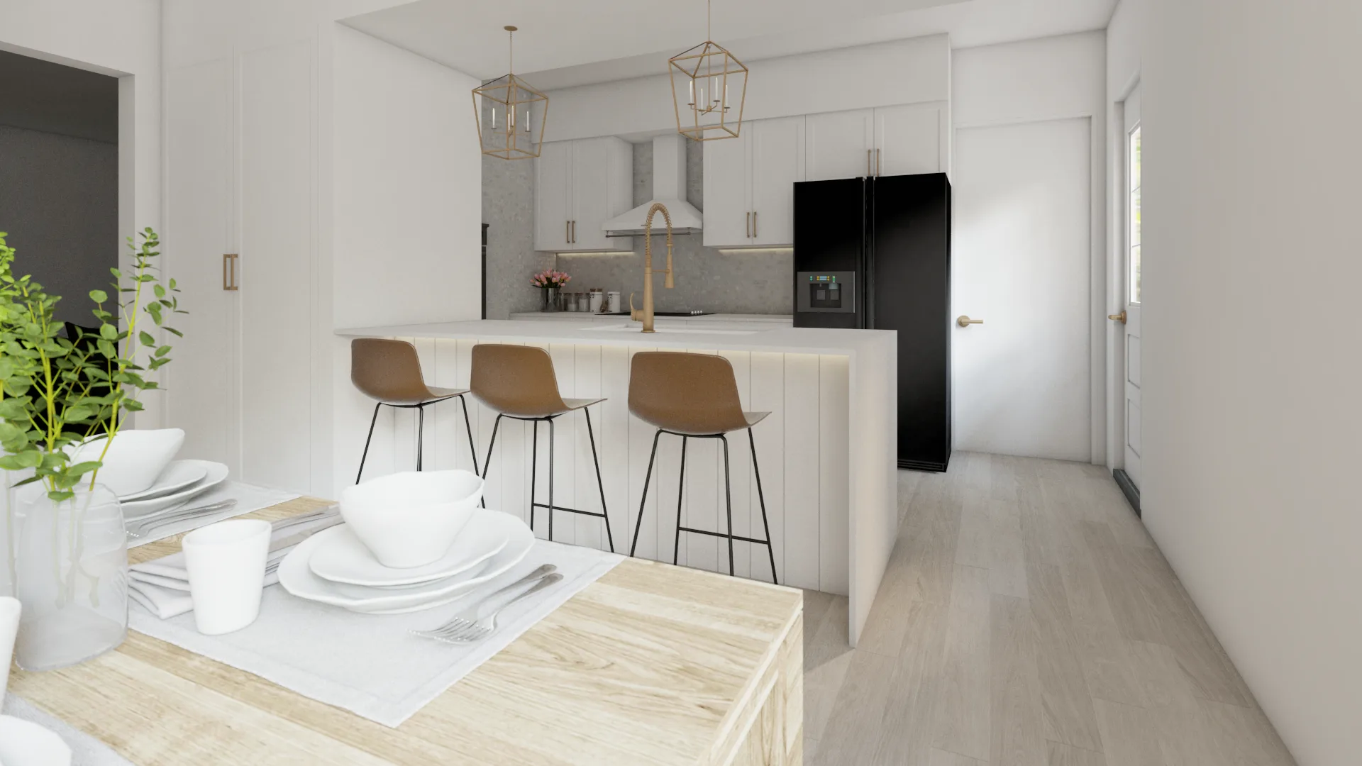 White shaker island with tan bar stools, brass cage pendants, and black refrigerator