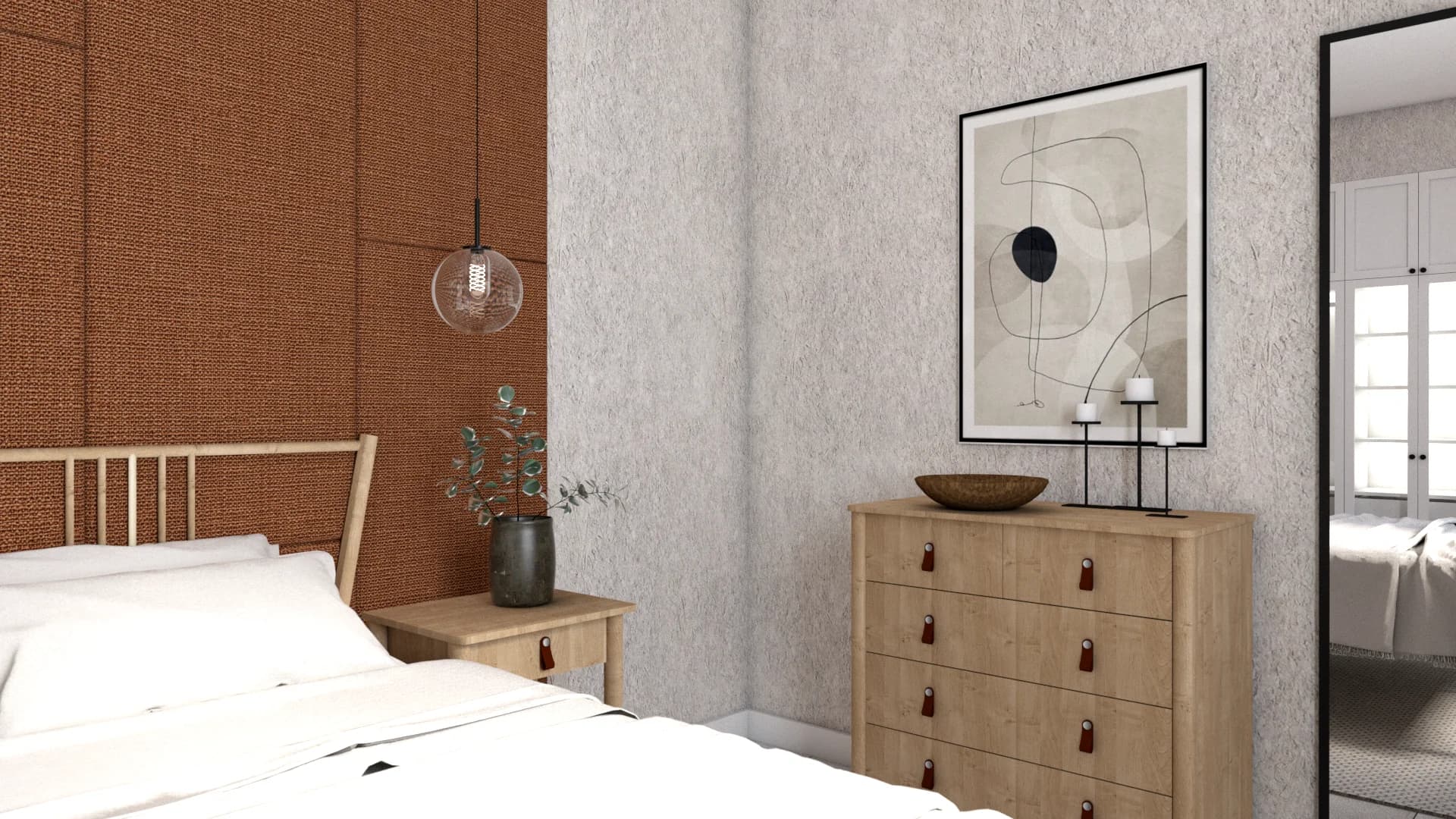 Bedroom with terracotta woven accent wall, oak spindle headboard, and glass globe pendant