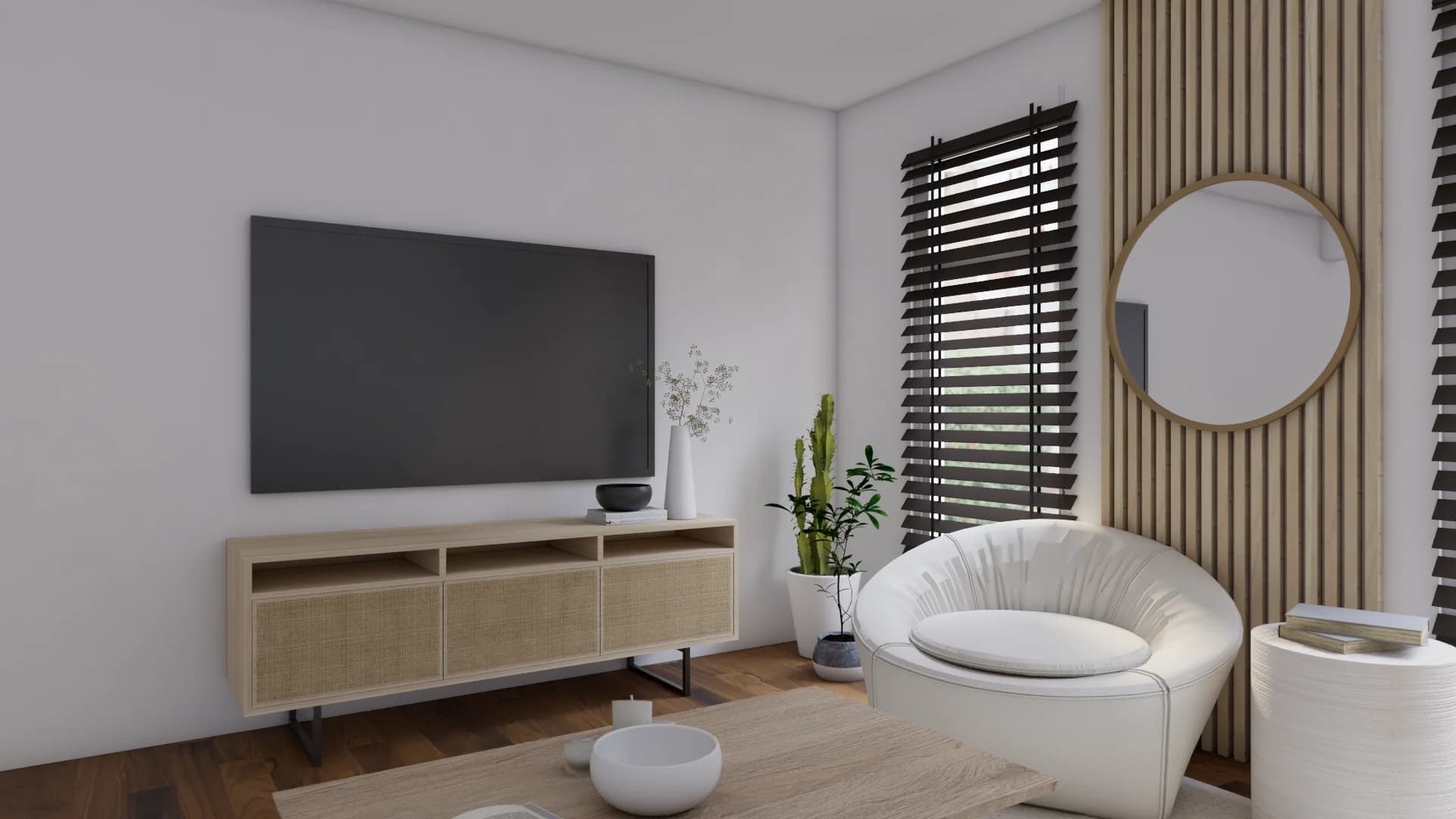 TV wall with rattan media console, oak slat panel, round mirror, and white swivel chair