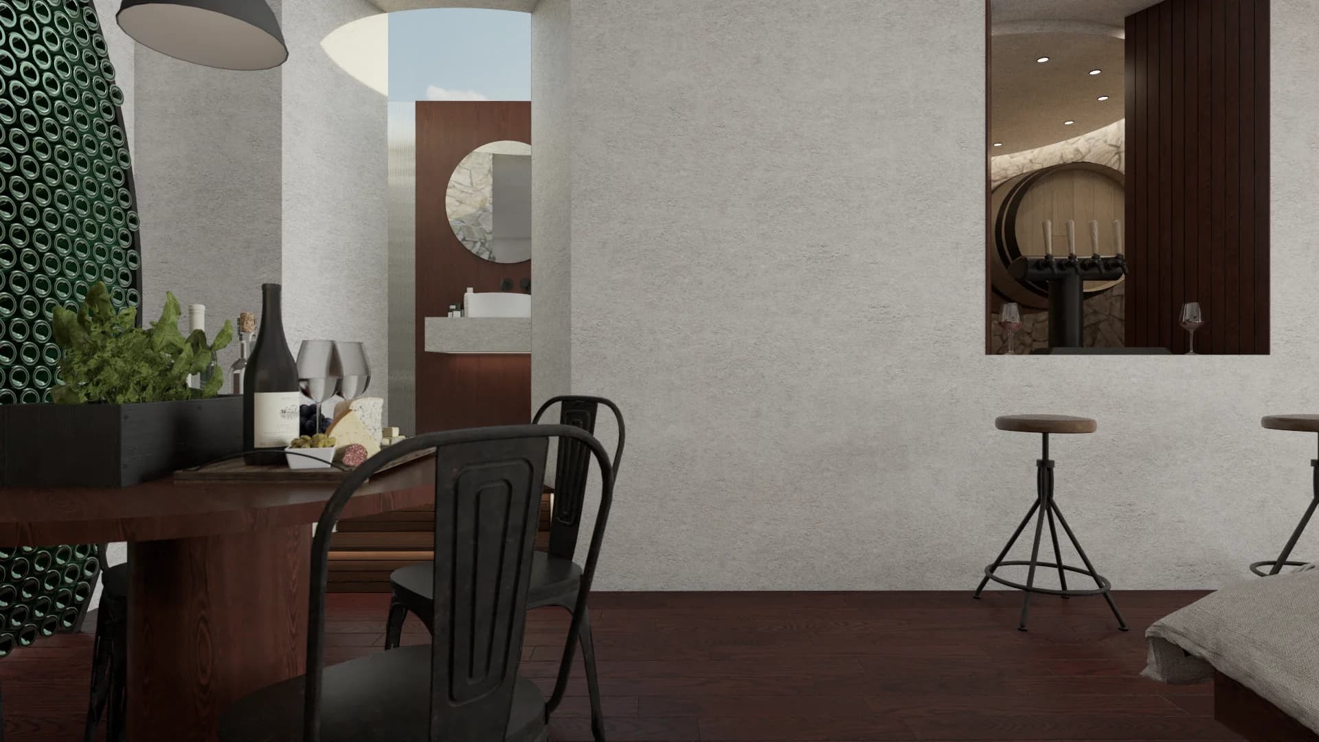 Walnut dining table with bistro chairs beside green bottle barrel wall, bathroom corridor beyond