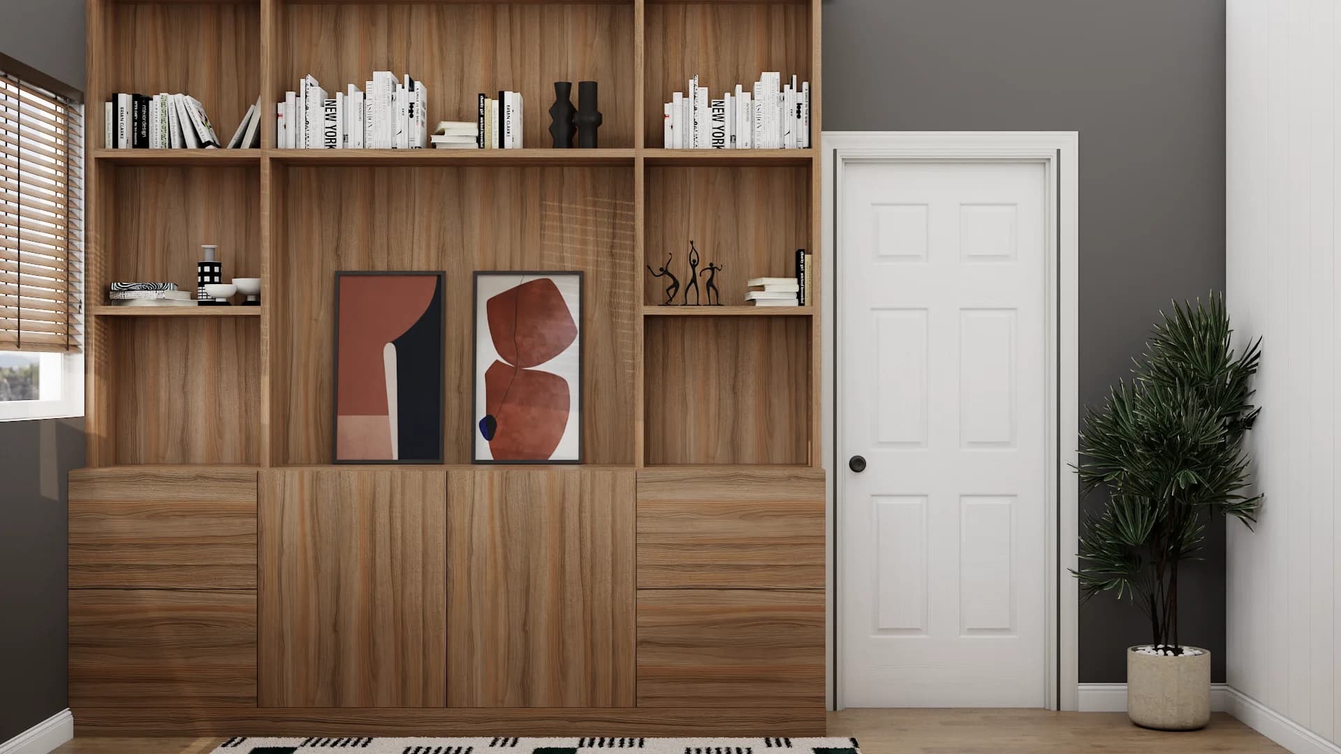 Walnut built-in bookshelf wall with open shelves, books, terracotta art, and gray wall