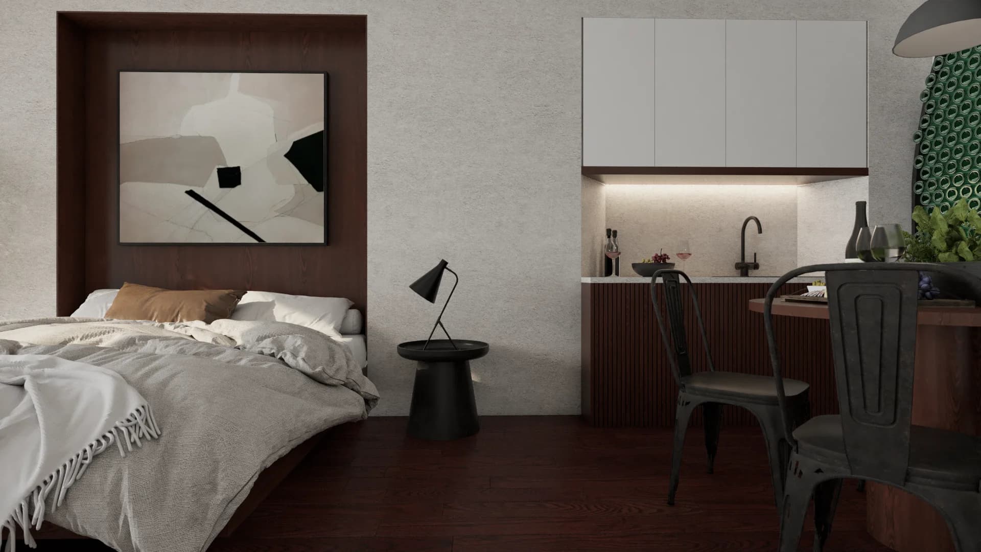 Walnut headboard bed, compact fluted kitchenette, and dining area in Airbnb studio loft