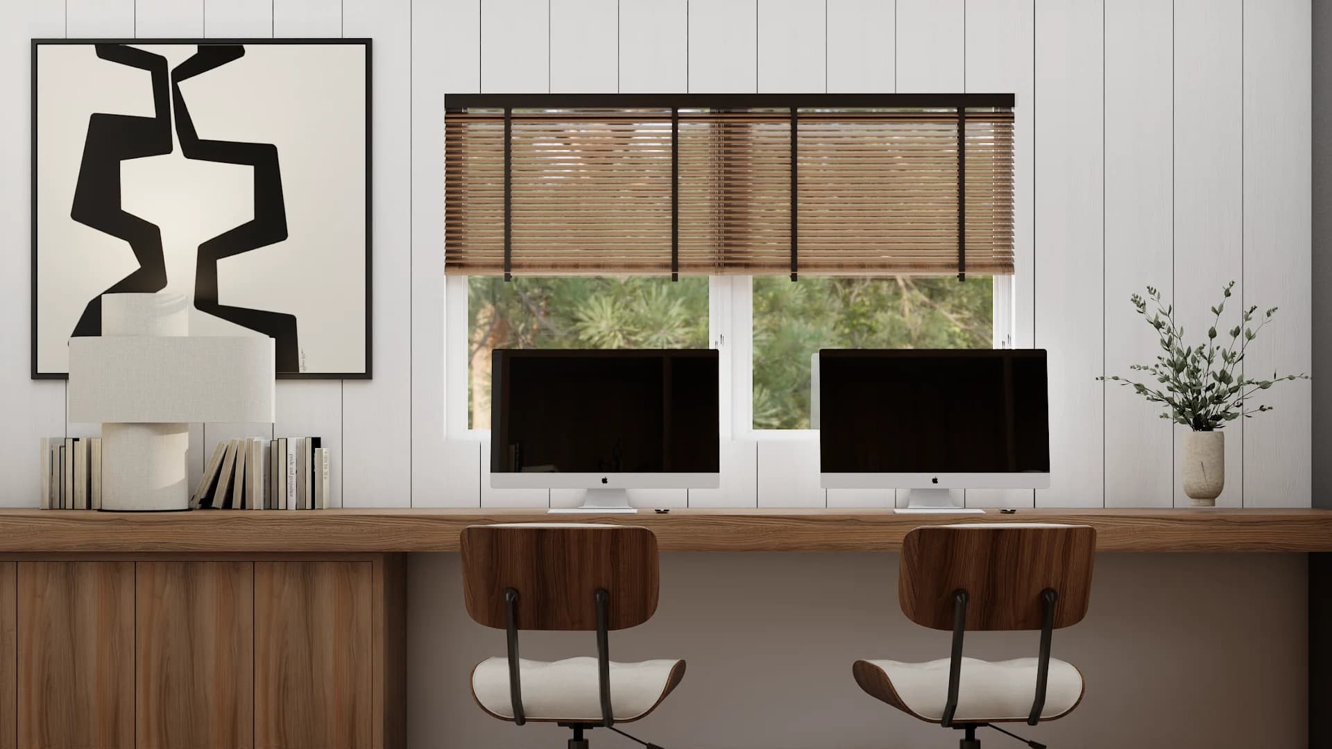 Home office with walnut floating desk, dual monitors, mid-century swivel chairs, and bamboo blinds
