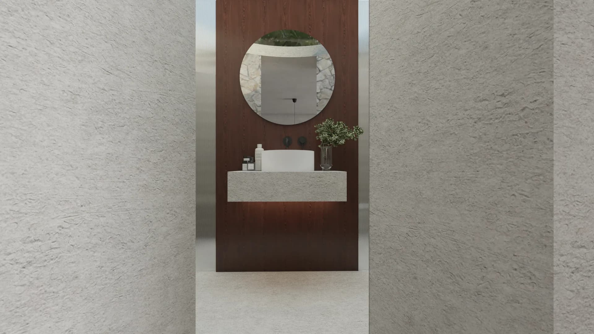 Narrow bathroom entry with walnut panel wall, round mirror, floating stone vanity, and vessel sink