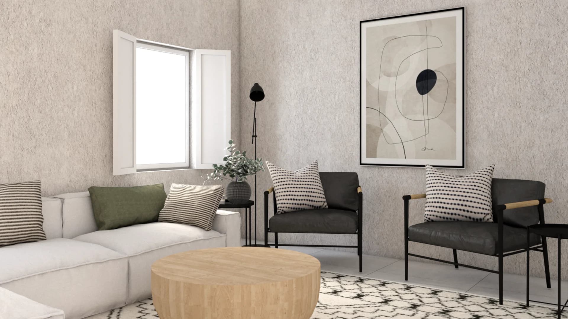 Living room with white sectional, oak drum coffee table, black accent chairs, flat-weave rug, and abstract wall art