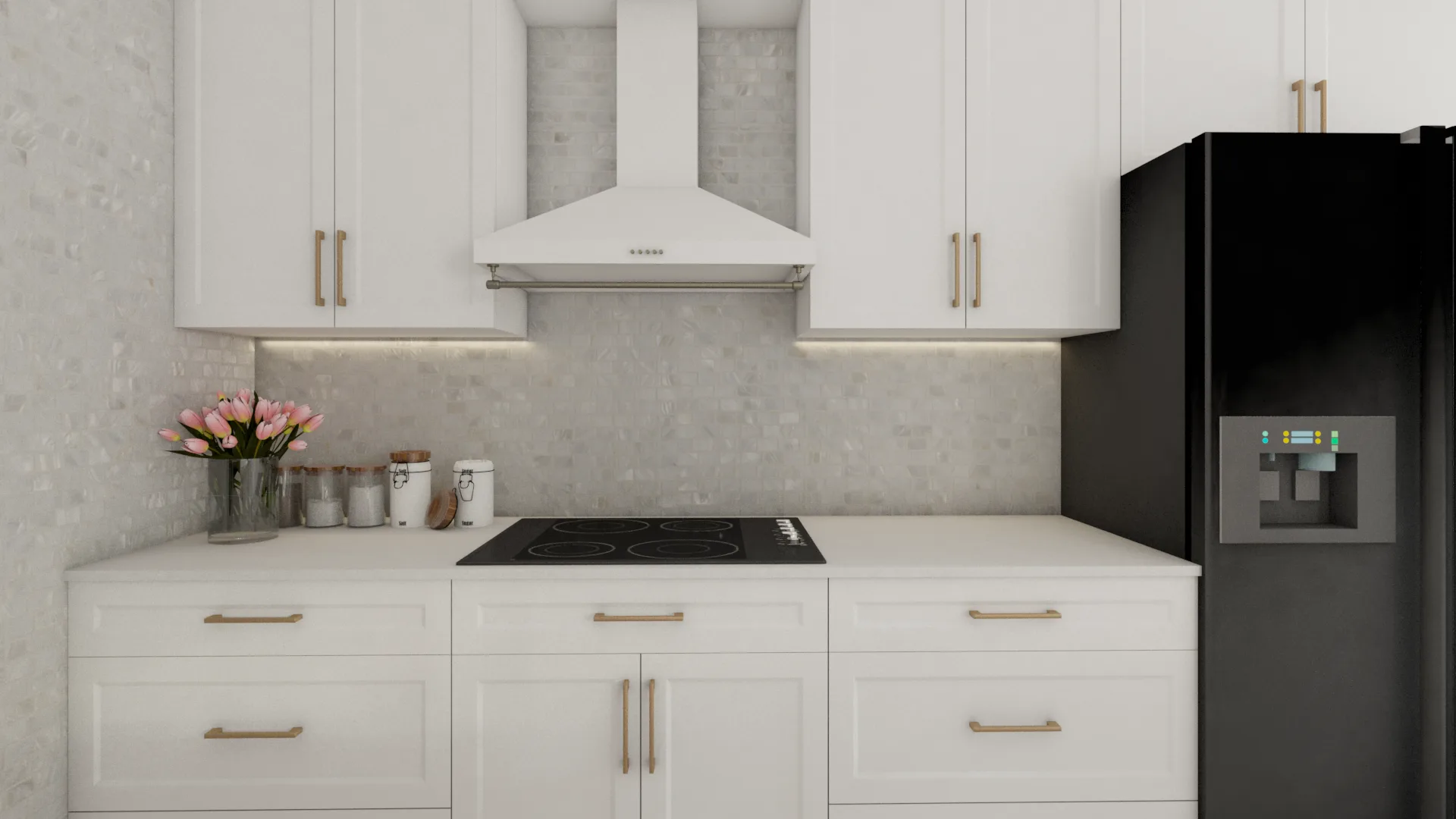 White shaker cabinets with brass pulls, black cooktop, zellige tile backsplash with LED lighting