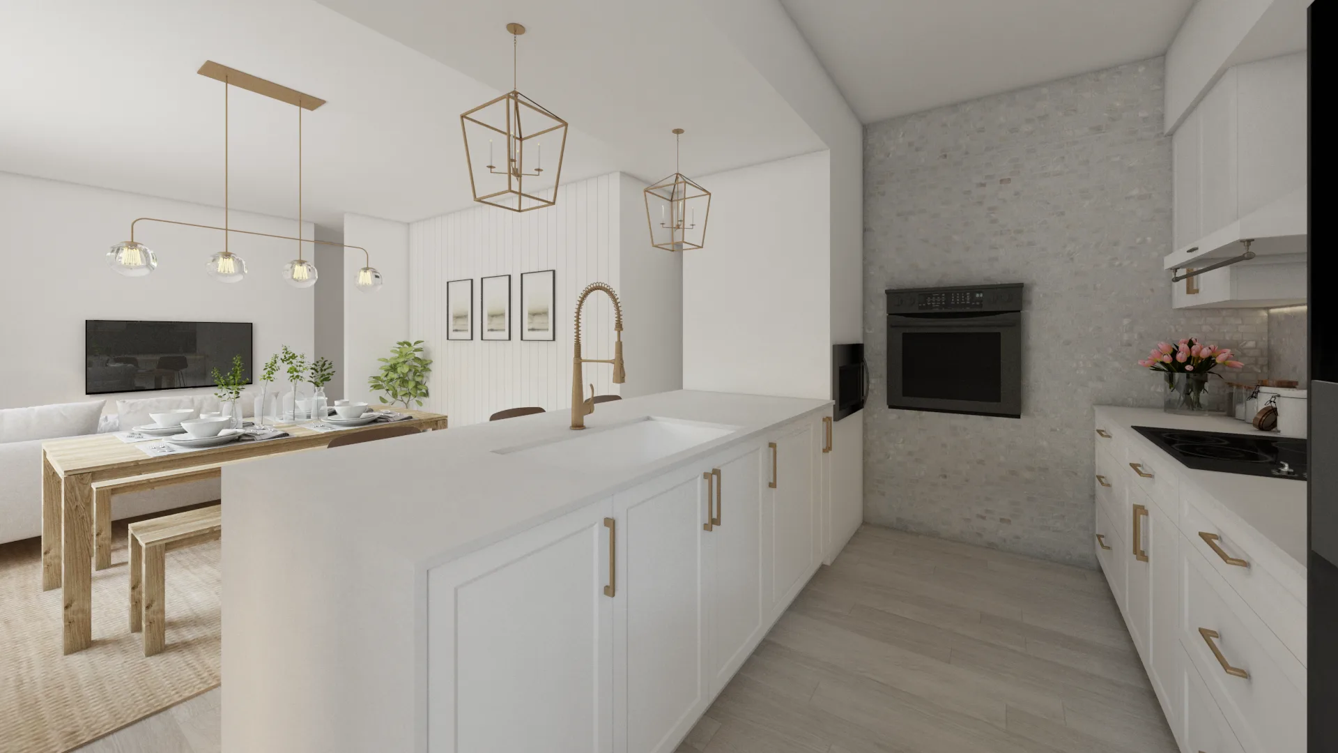 White shaker island with farmhouse sink, brass cage pendants, and zellige tile backsplash