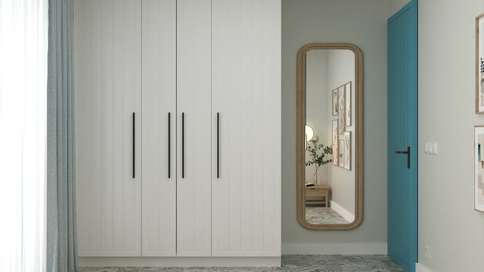 Floor-to-ceiling white wardrobe with black bar handles, oak full-length mirror, and teal door