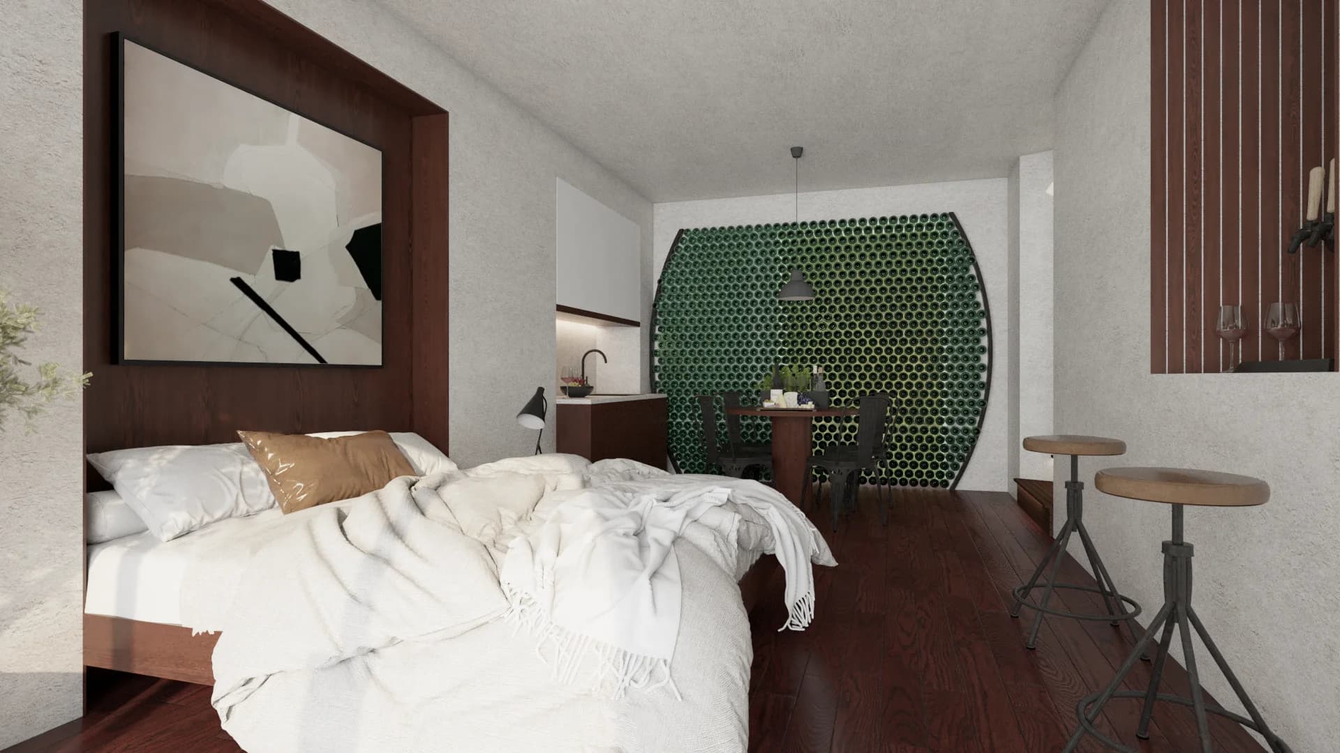 Studio loft with barrel-shaped green wine bottle wall, walnut headboard niche, tripod bar stools, and plaster walls