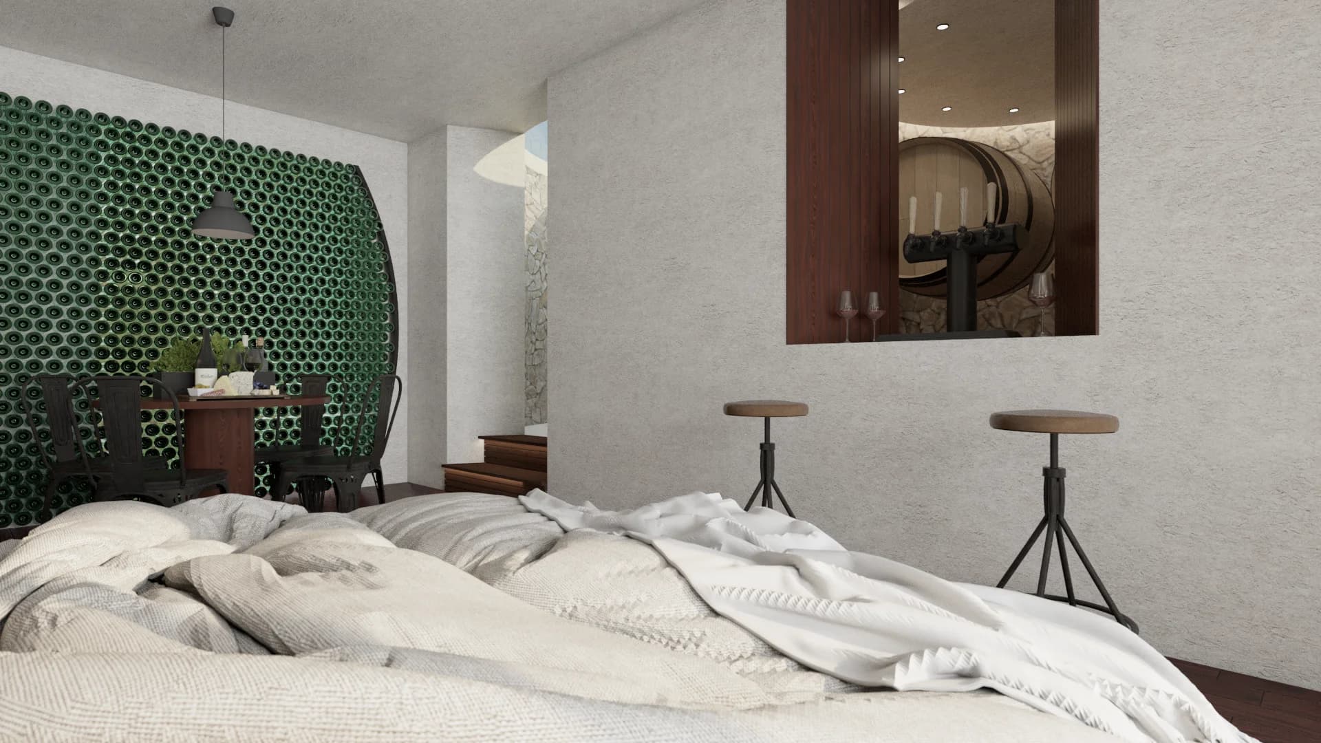 Bed view with green wine bottle barrel wall, walnut cellar window, and tripod bar stools