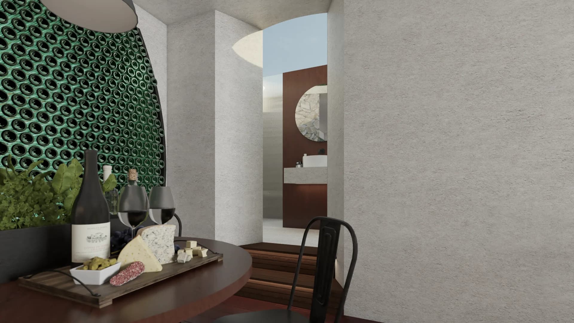 Wine and cheese tasting table beside green bottle barrel wall with bathroom corridor beyond