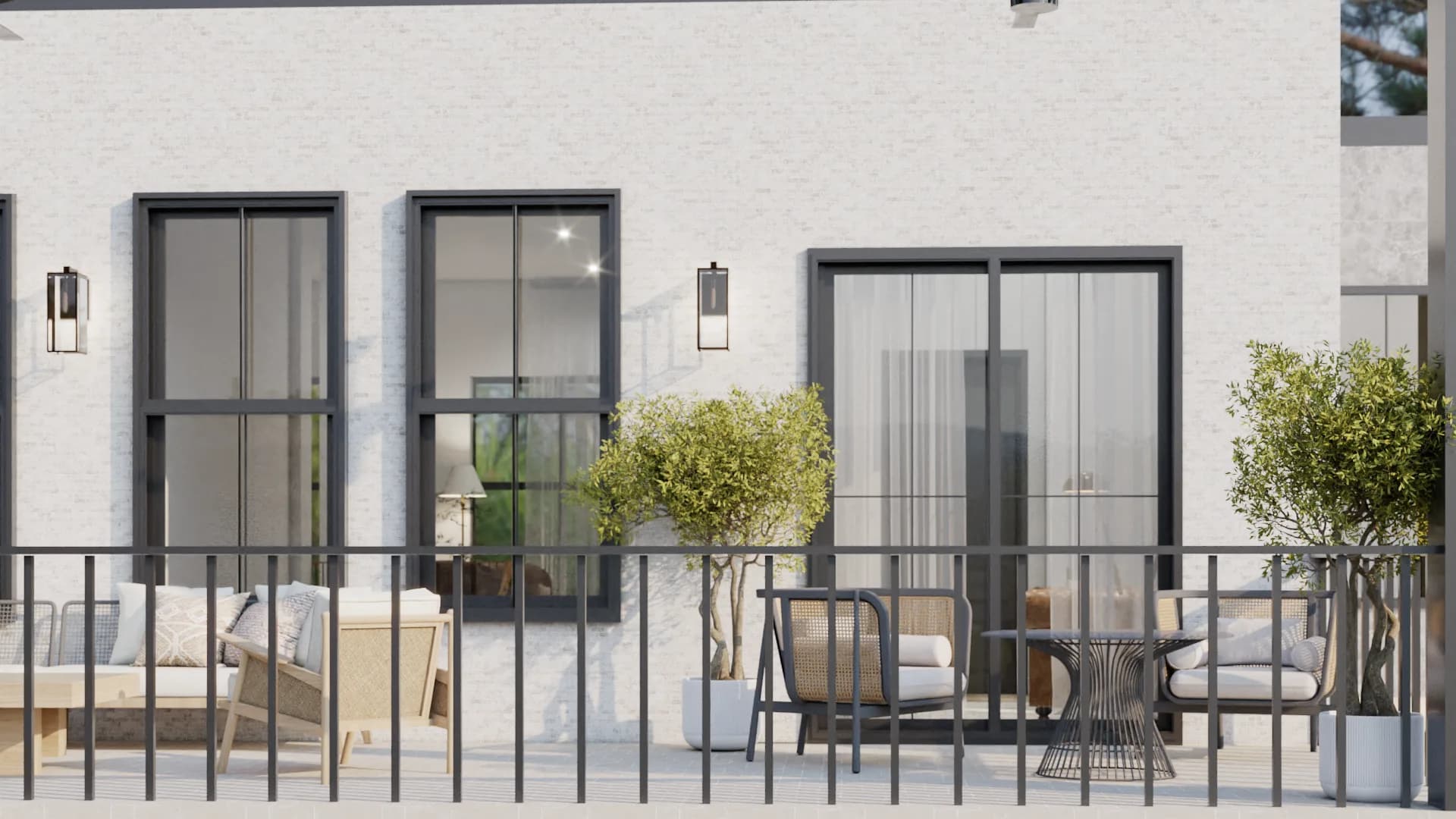 Closer angle showing rattan armchair, bistro table, and black railing detail
