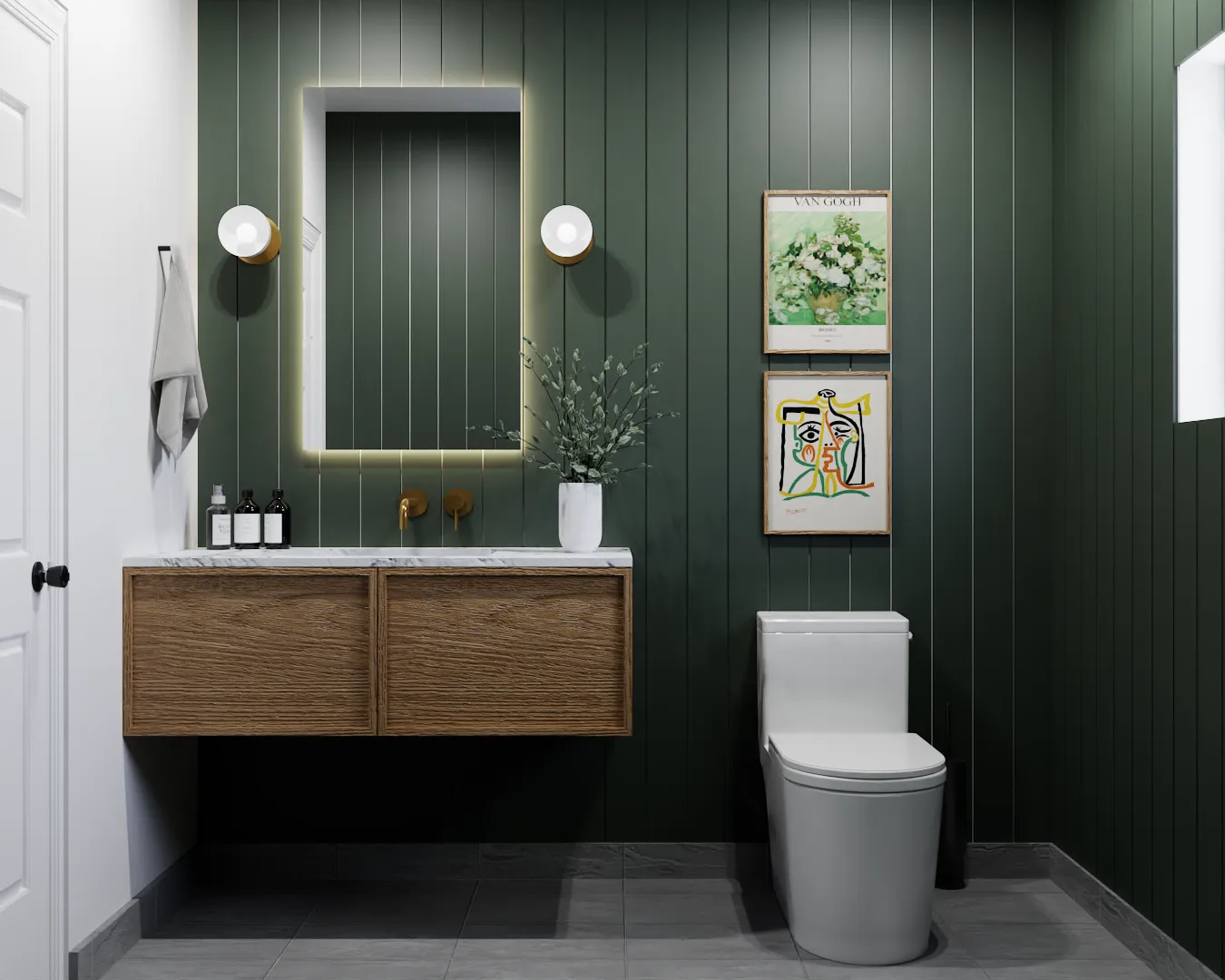 Elegant bathroom with deep green paneling and a sleek wooden vanity, accented with golden fixtures and stylish wall art. Design by Debora, an online interior design service.