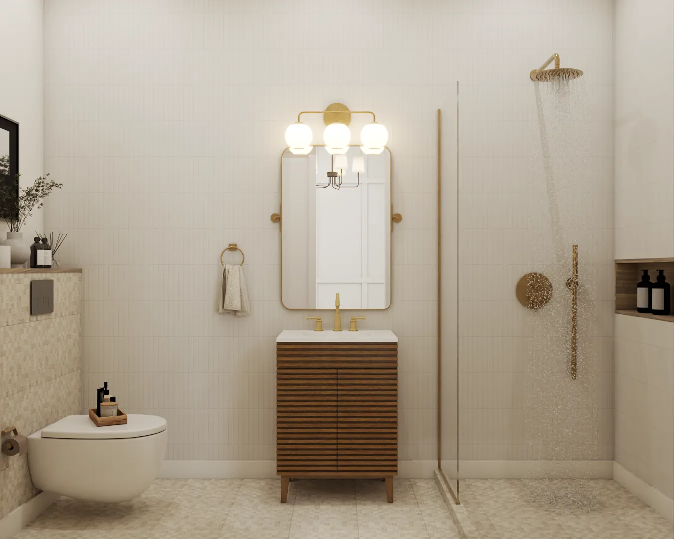 Contemporary bathroom with striking geometric tile design, modern sink, and white color scheme, highlighted by natural light. Design by Debora, an online interior design service.