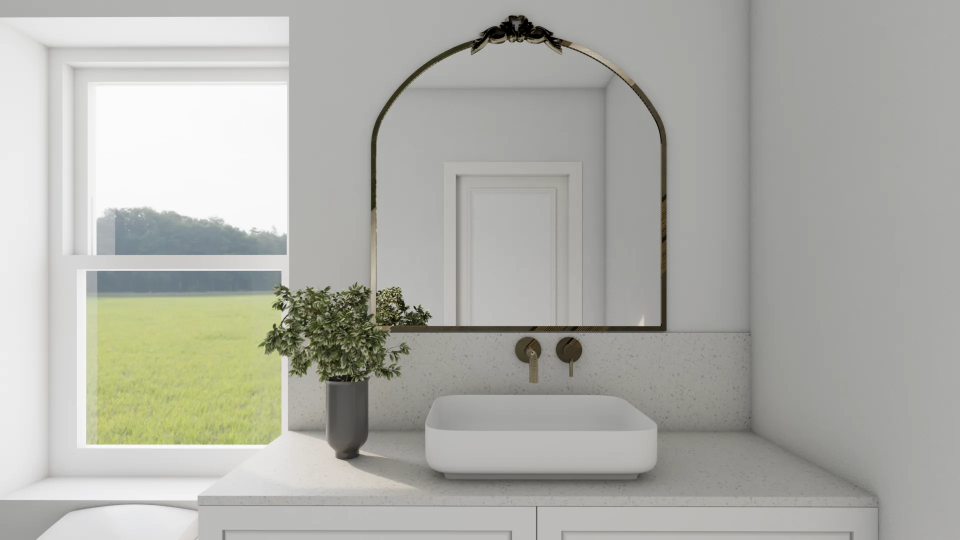 Primary bathroom with oversized arched brass mirror, terrazzo countertop, vessel sink, wall-mount brass faucet, and garden window view