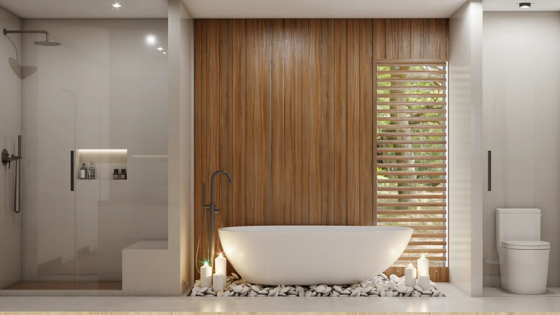 Elegant bathroom featuring warm wood paneling and a white freestanding tub, creating a relaxing and sophisticated space. Design by Debora, an online interior design service.