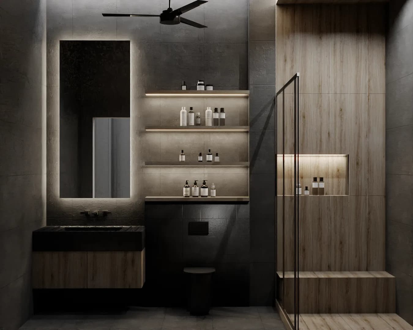 Backlit vertical mirror above floating black-and-wood vanity with tiered LED shelving and ceiling fan