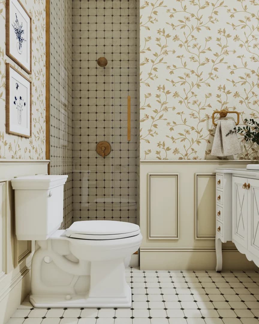 Bathroom with botanical vine wallpaper, cream wainscoting, checkerboard floor, grid shower, and brass fixtures