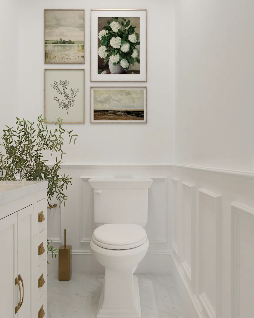 Toilet alcove with panel wainscoting and four botanical prints above