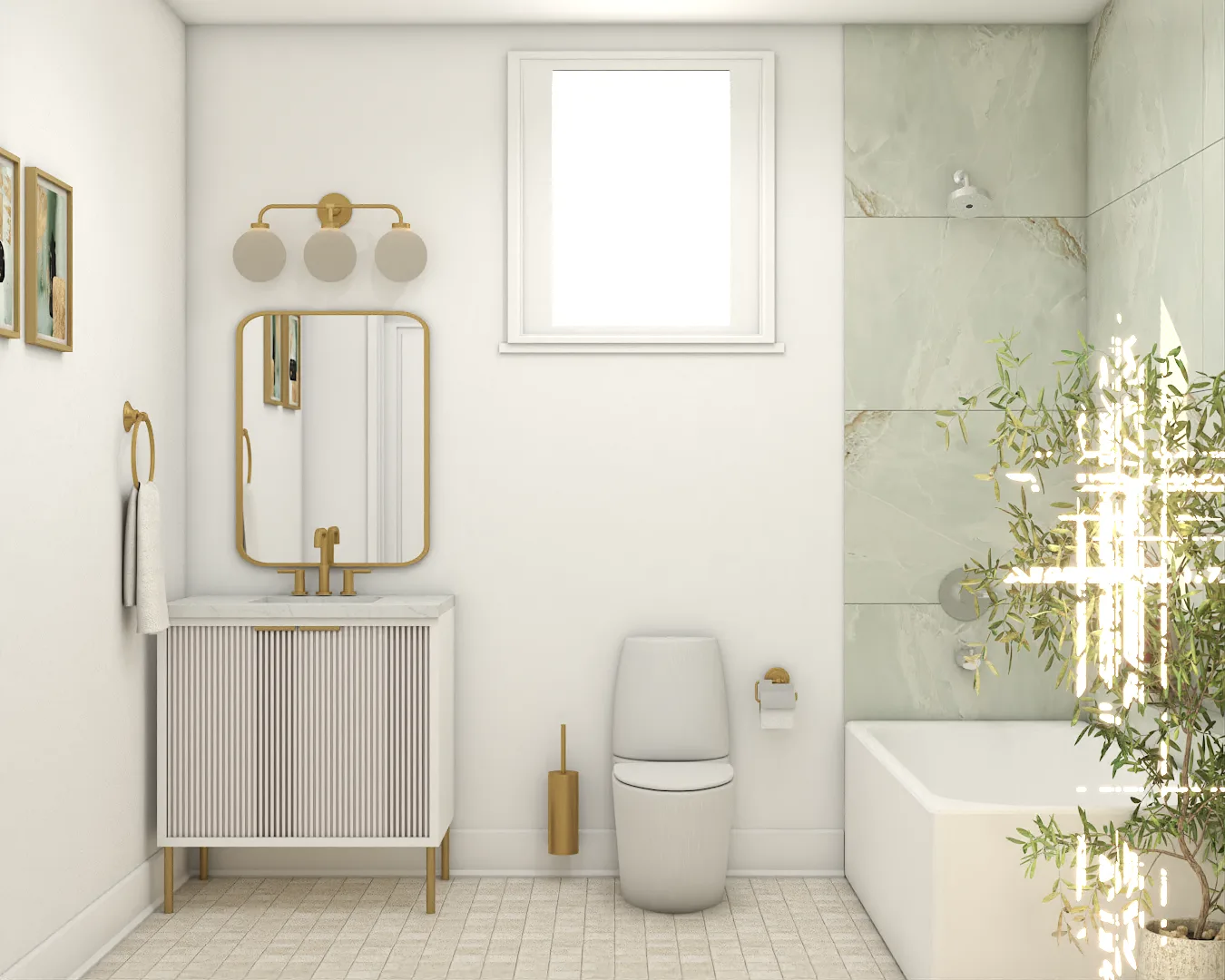 Fluted white vanity with brass mirror, globe sconces, toilet, and sage green tub surround