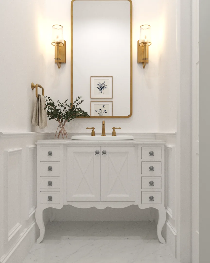 French powder room with white curved-leg vanity, gold mirror and sconces, botanical art, and eucalyptus